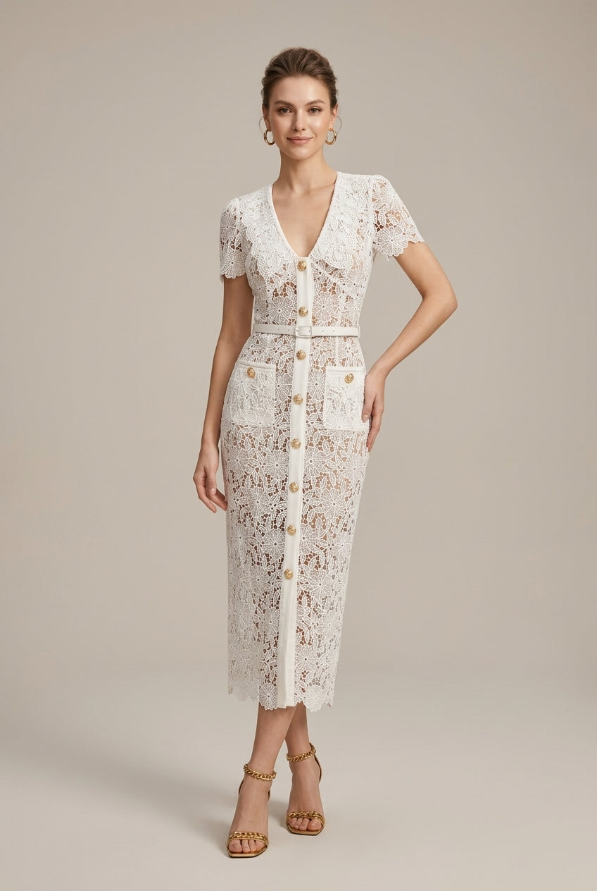 Women's white lace midi dress with a V-neck and button-through front