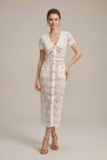 Women's white lace midi dress with a V-neck and button-through front