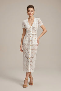 Isla | White Women's Lace Midi Dress with V-Neck & Button Front