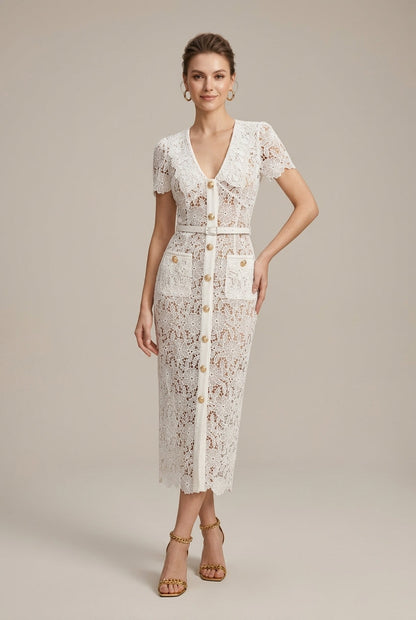 Women's white lace midi dress with a V-neck and button-through front