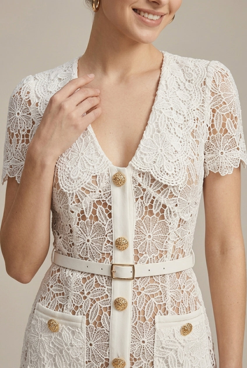Women's white lace midi dress with a V-neck and button-through front