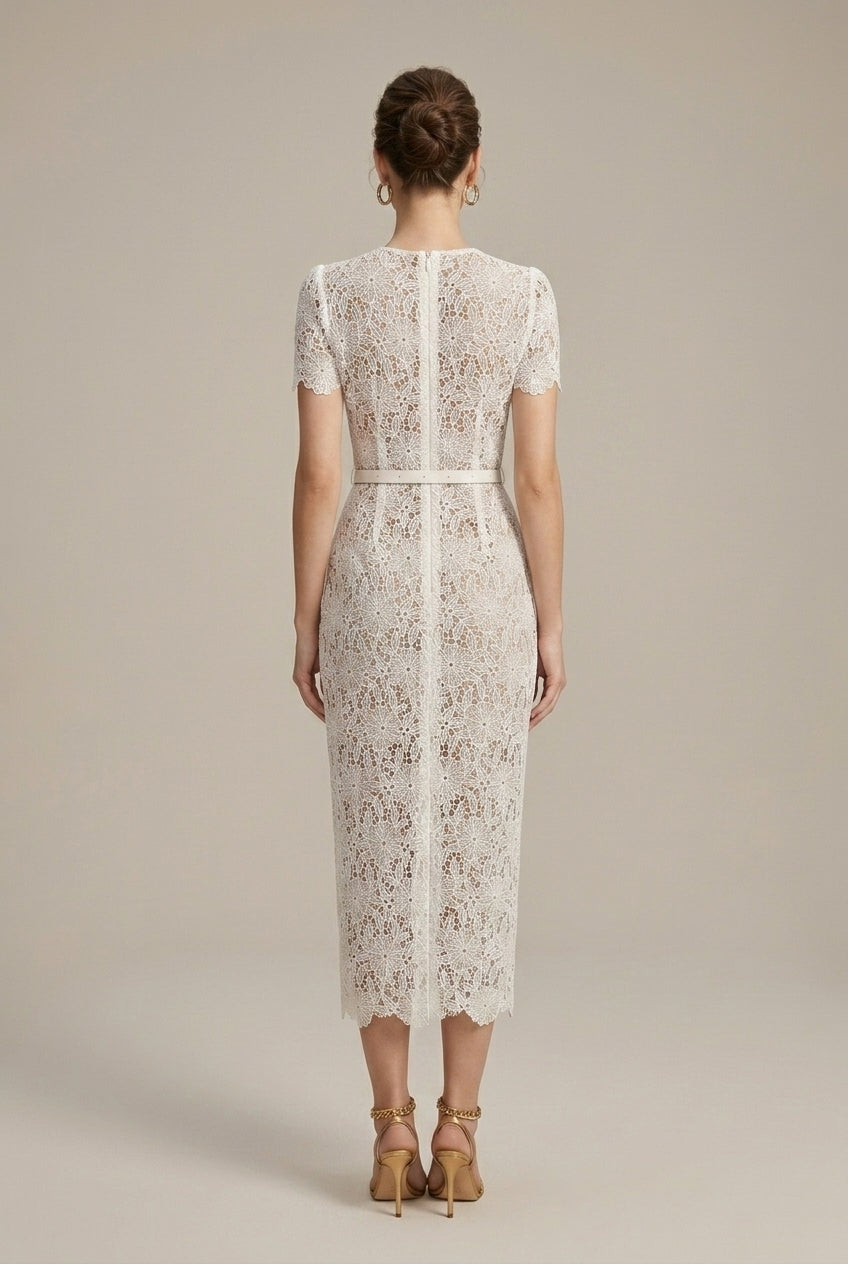 Women's white lace midi dress with a V-neck and button-through front