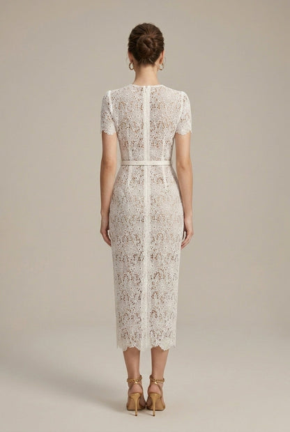 Women's white lace midi dress with a V-neck and button-through front