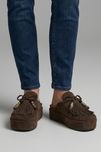 Leather sandals with round toe and slip-on fit, product still life