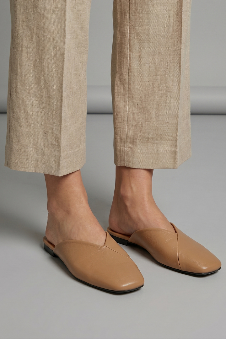Leather sandals with square toe, product still life