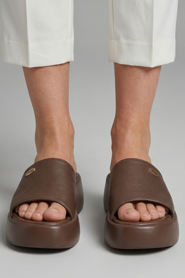 Leather open-toe mule slippers with platform sole, product still life