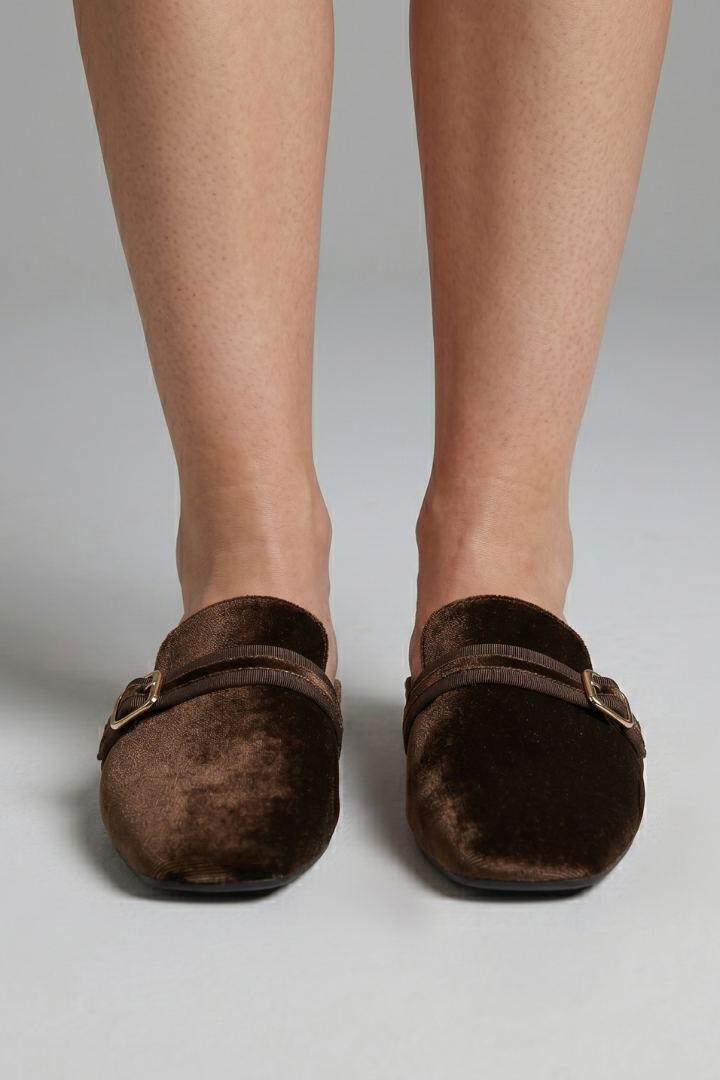 Coffee brown leather mule slippers with square toe