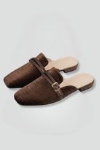 Coffee brown leather mule slippers with square toe