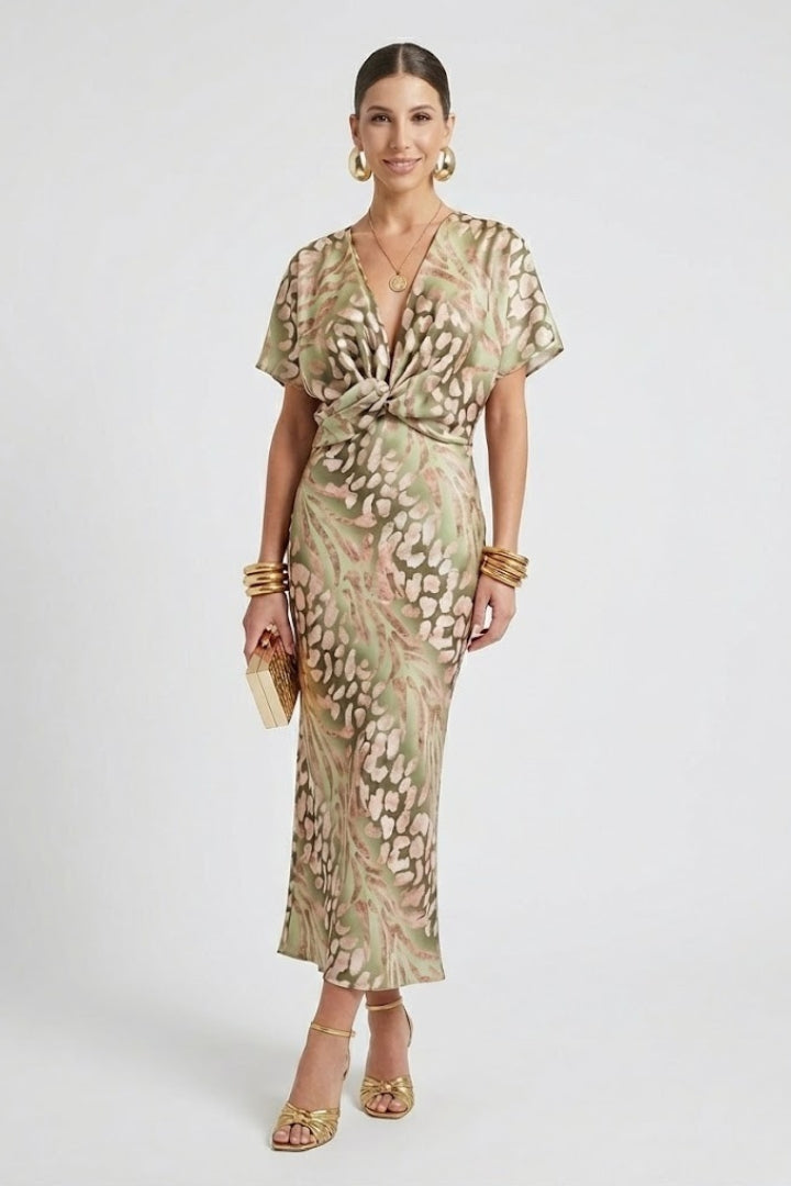 Green floral print midi dress with pleated skirt