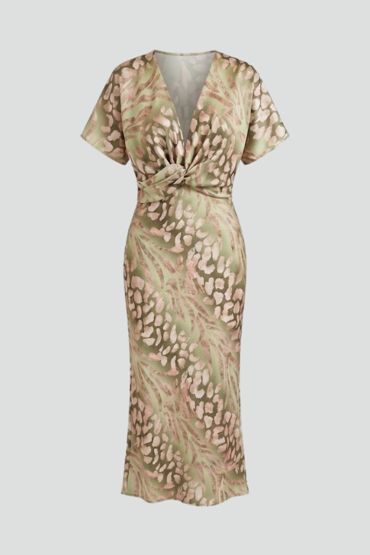 Green floral print midi dress with pleated skirt