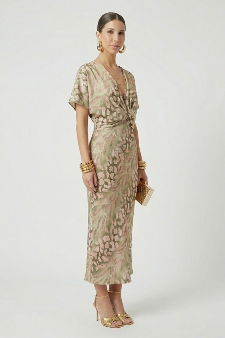 Green floral print midi dress with pleated skirt