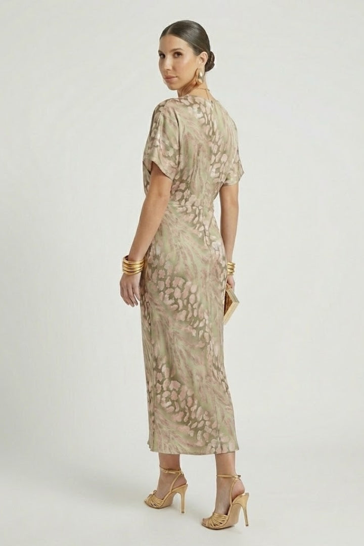 Green floral print midi dress with pleated skirt