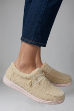 Close-up of textured sole on slip-on loafers