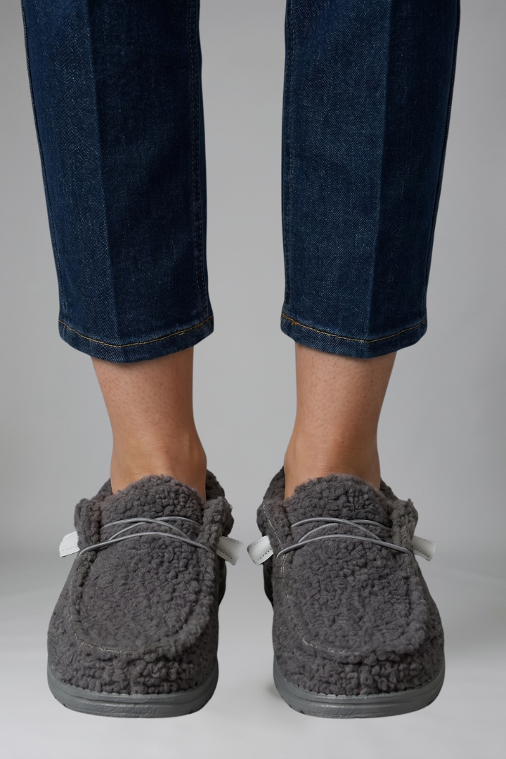 Close-up of toe shape on slip-on loafers