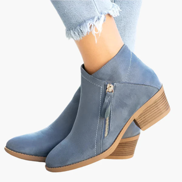 Women's blue vintage-style ankle boots with a cushioned stable heel