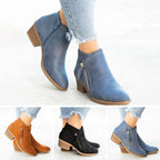 Women's blue vintage-style ankle boots with a cushioned stable heel