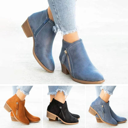 Women's blue vintage-style ankle boots with a cushioned stable heel
