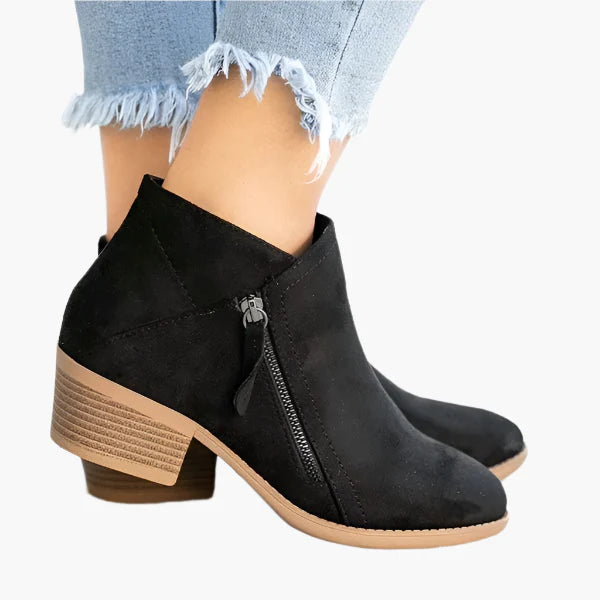 Women's blue vintage-style ankle boots with a cushioned stable heel