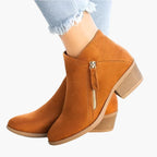 Women's blue vintage-style ankle boots with a cushioned stable heel