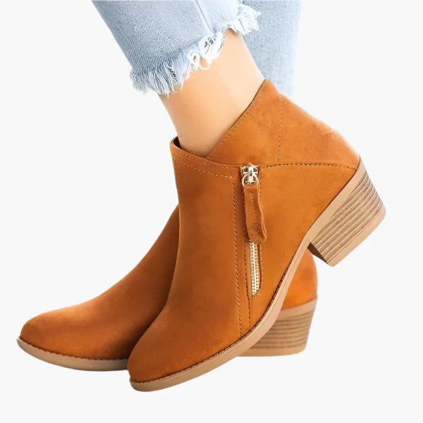 Women's blue vintage-style ankle boots with a cushioned stable heel
