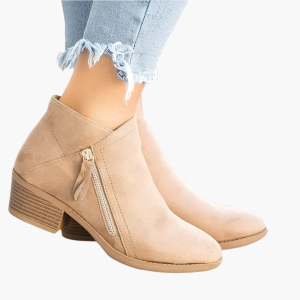 Women's blue vintage-style ankle boots with a cushioned stable heel