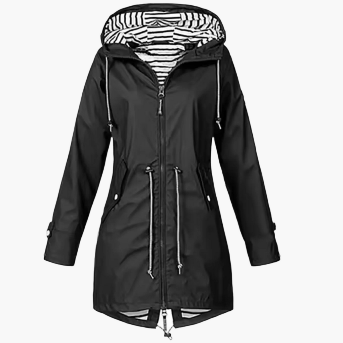 Black hooded waterproof rain jacket for women with windproof protection
