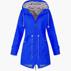 Black hooded waterproof rain jacket for women with windproof protection