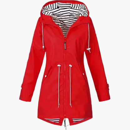 Black hooded waterproof rain jacket for women with windproof protection