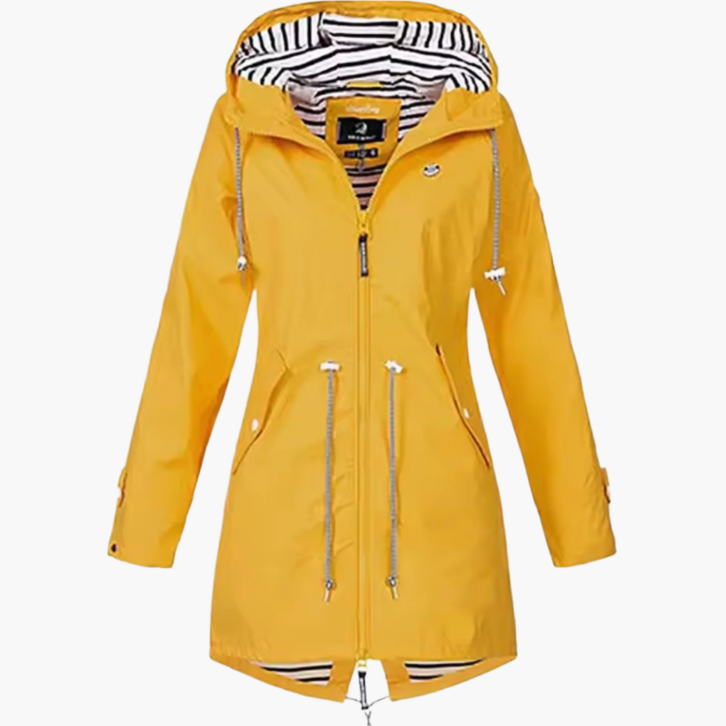 Black hooded waterproof rain jacket for women with windproof protection