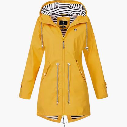 Black hooded waterproof rain jacket for women with windproof protection