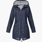 Black hooded waterproof rain jacket for women with windproof protection