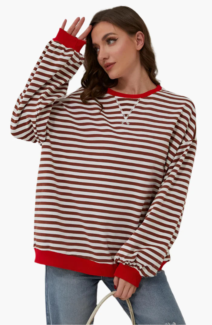 Pink and green striped oversized knit jumper with an oversized, relaxed fit