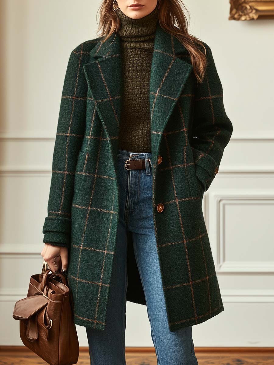 Women's Green Checked Tweed Coat with Lapel Collar