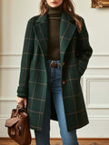 Women's Green Checked Tweed Coat with Lapel Collar