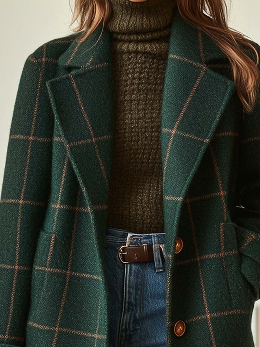 Women's Green Checked Tweed Coat with Lapel Collar