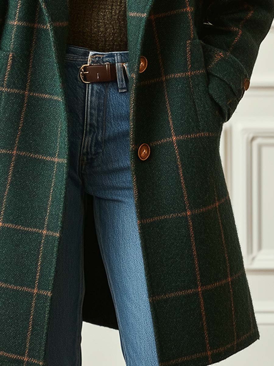 Women's Green Checked Tweed Coat with Lapel Collar