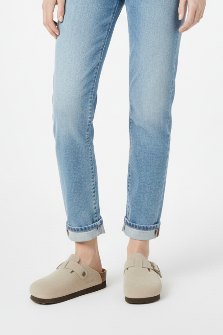 Beige slippers with wide straps and moulded footbed