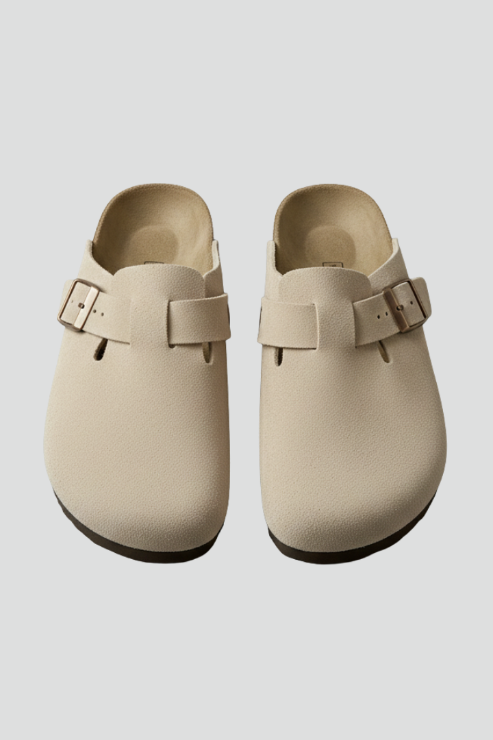 Beige slippers with wide straps and moulded footbed