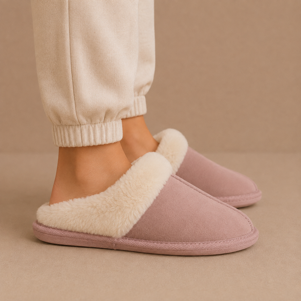 Suede fur-lined mule slippers, pair shown together