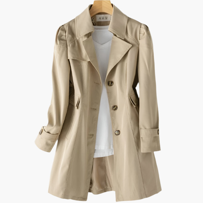 Women's beige belted longline trench coat for everyday autumn wear
