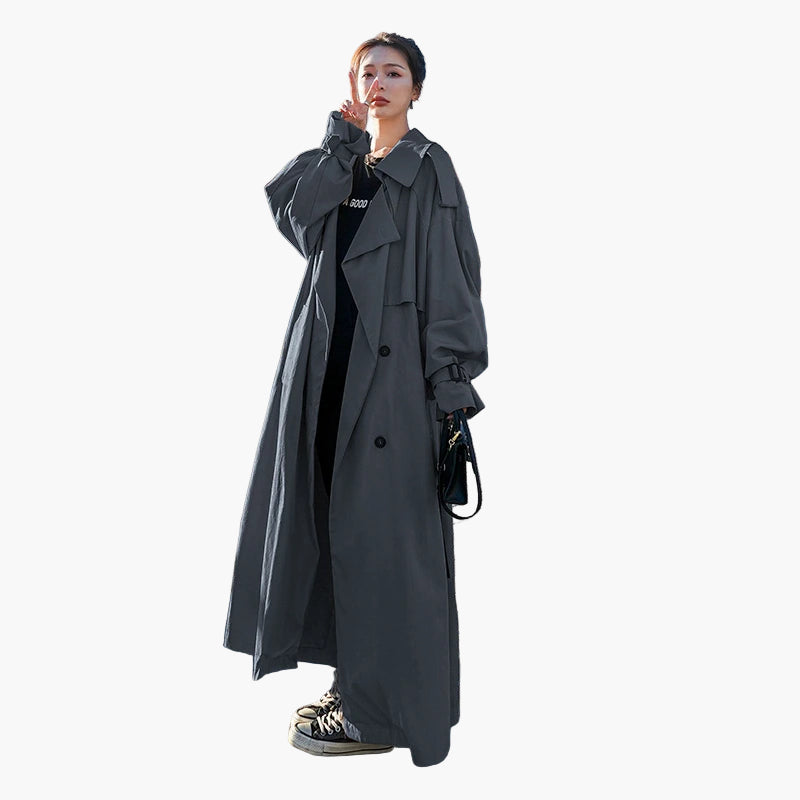 Women's grey oversized double-breasted trench coat for autumn