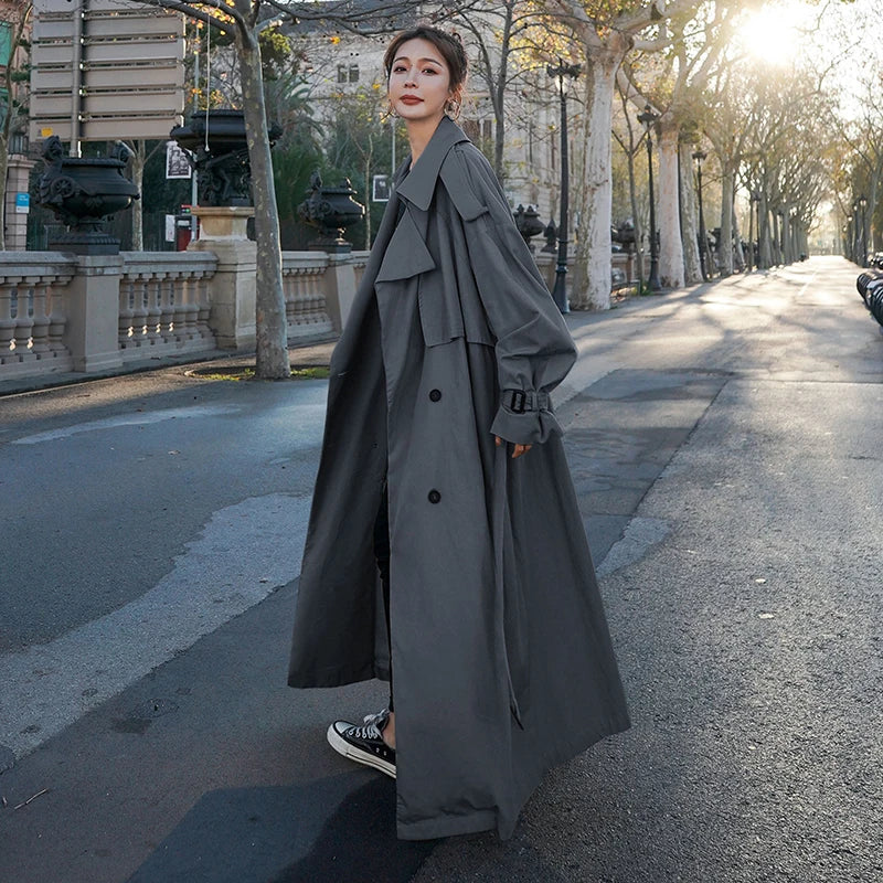 Women's grey oversized double-breasted trench coat for autumn