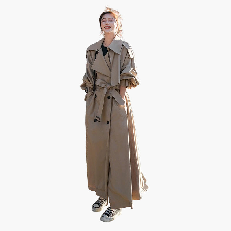 Women's grey oversized double-breasted trench coat for autumn