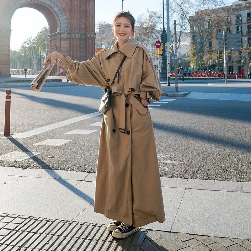 Women's grey oversized double-breasted trench coat for autumn