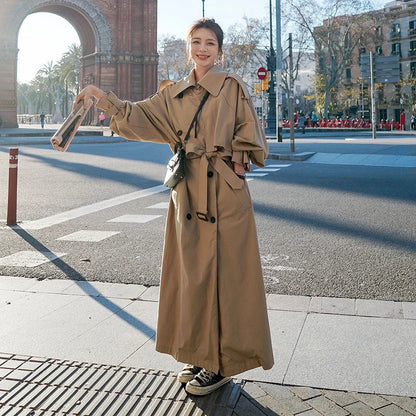 Women's grey oversized double-breasted trench coat for autumn