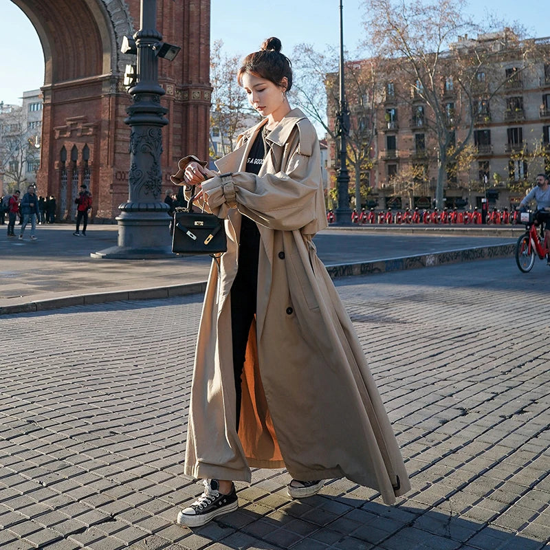 Women's khaki oversized double-breasted trench coat for autumn