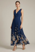 Women's dark blue floral print maxi dress with a ruched bodice and V-neck