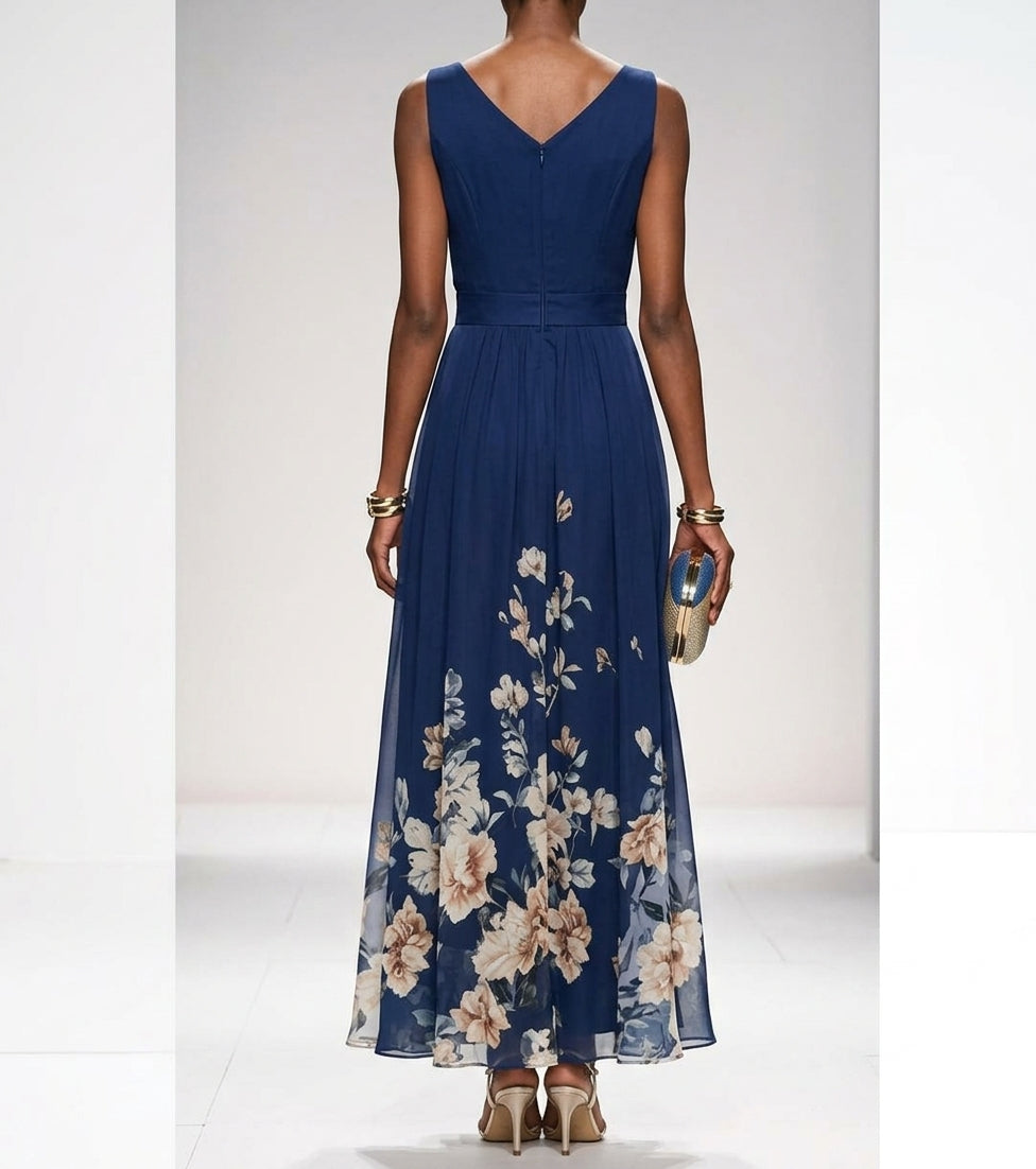 Women's dark blue floral print maxi dress with a ruched bodice and V-neck