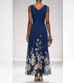 Women's dark blue floral print maxi dress with a ruched bodice and V-neck
