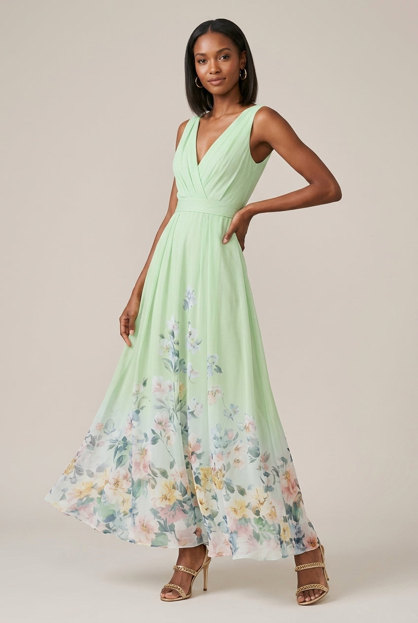 Women's dark blue floral print maxi dress with a ruched bodice and V-neck